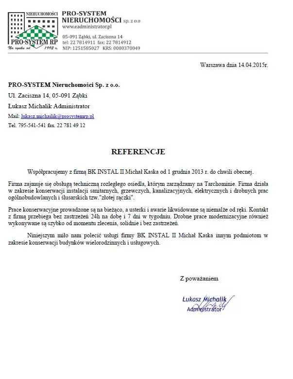Skan referencji: Pro-System Nieruchomości