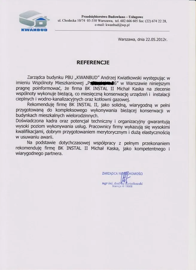 Skan referencji: PBU Kwanbud