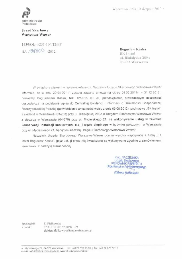 Skan referencji: Urząd Skarbowy Warszawa-Wawer