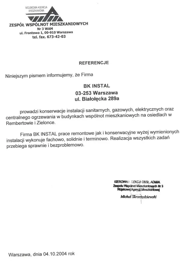 Skan referencji: Zespół Wspólnot Mieszkaniowych nr 3 WAM