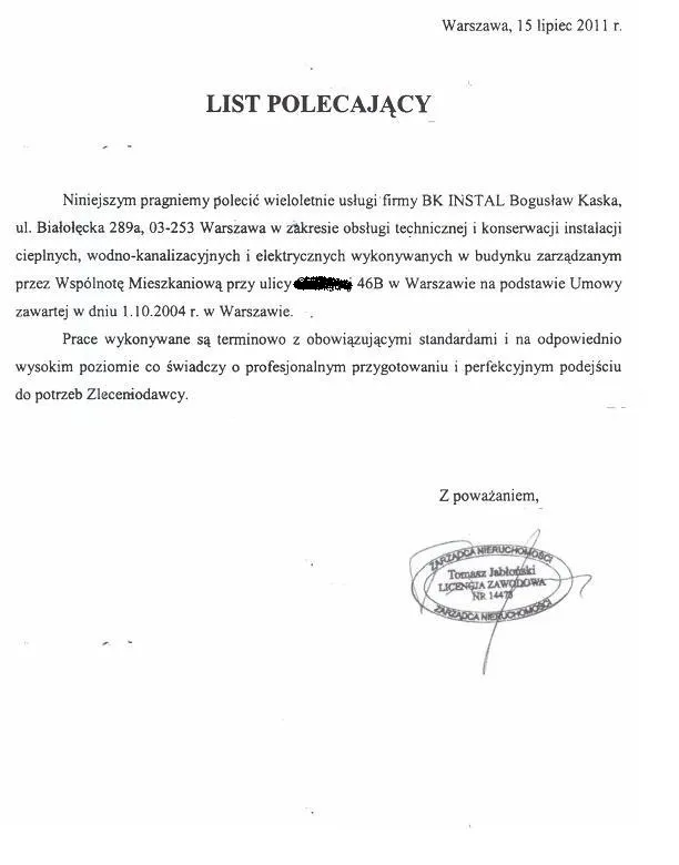 Skan referencji: List polecający — obsługa techniczna