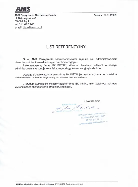 Skan referencji: AMS Zarządzanie Nieruchomościami