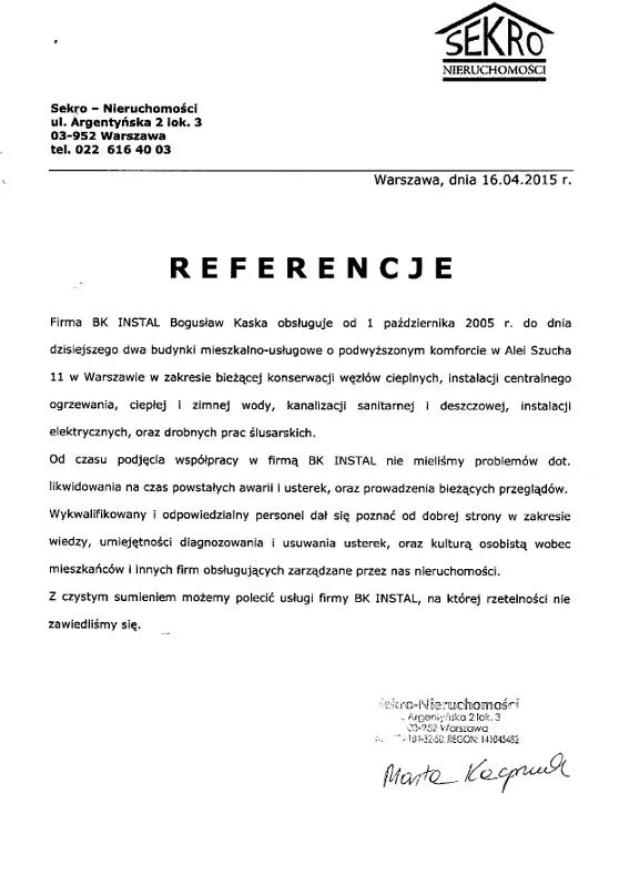 Skan referencji: Sekro Nieruchomości